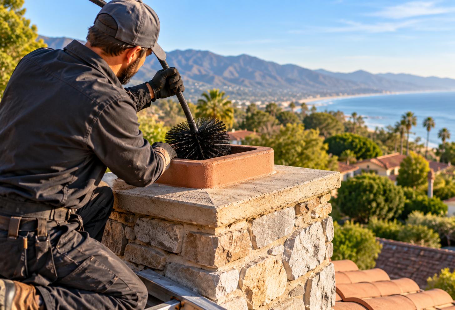 Professional chimney technician using a chimney brush to clean and inspect a stone chimney on a residential rooftop overlooking the California coast in Ventura and Santa Barbara Counties.