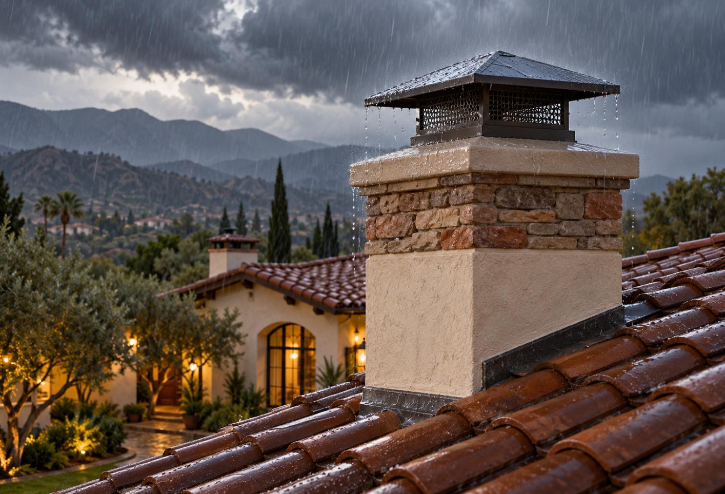 Rain falling on a protected chimney cap and crown atop a tile roof, highlighting chimney waterproofing and leak prevention for Ventura and Ojai homes.