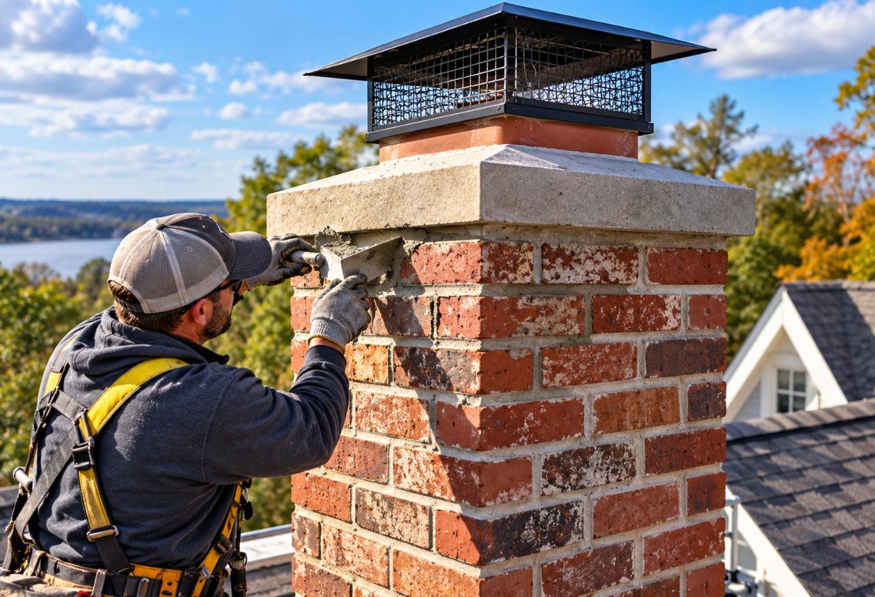 Chimney restoration professional repairing damaged brick and mortar beneath a restored chimney crown and cap.
